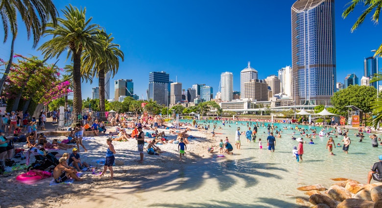 BRISBANE, AUS - DEC 29 2016: Streets Beach in South Bank Parkland. It's inner-city man-made beach next to city center.