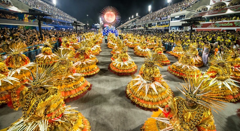 A samba parade at the Sambodromo during Carnaval in Rio de Janeiro.
